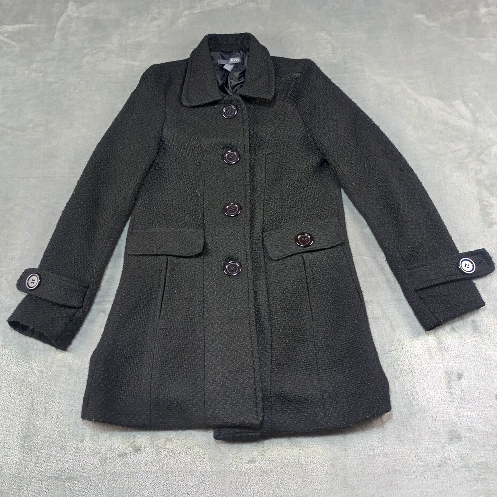 Poetry Pea Coat Womens Sz M Black Textured Mid Length Buttons Pockets Classic